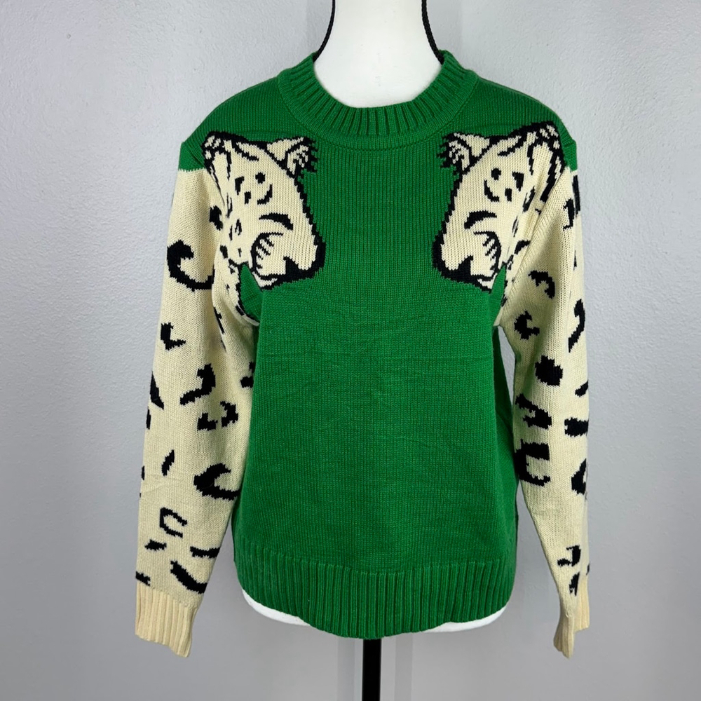 Angashion Womens Medium Green Animal Leopard Print Crew Neck Pullover Sweater - Picture 2 of 14